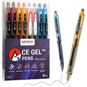 WRITECH Fine Point Gel Pens: 0.5mm Fine Point Black Ink 8ct Big Volume Silent Click Pen Soft Grip Quick Dry Smooth Writing Note Taking No Bleed & Smear ACE Gel