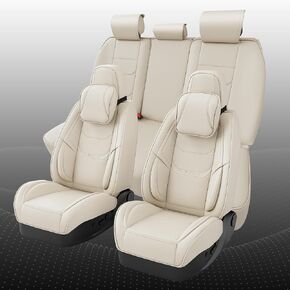 Car Seat Covers Full Set, Seat Covers for Cars, Beige Car Seat Covers, Car Seat Protector Waterproof, Breathable, Leather Car Seat Cushion, Seat Covers Universal Fit for Most Cars, (Full Set, Beige)