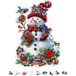 GLOBLELAND 200Pcs Christmas Snowman Wooden Jigsaw Puzzles for Adults 38.1x25.8cm/15x10inch Wood Adult Puzzles Colorful Unique Animal Shaped Wooden Puzzles for Family Anniversary Birthday Gifts