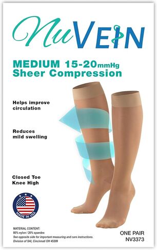 NuVein Sheer Compression Stockings, 15-20 mmHg Support, Women's Medium Denier Nylons, Knee High, Closed Toe, Beige, Small in Kuwait