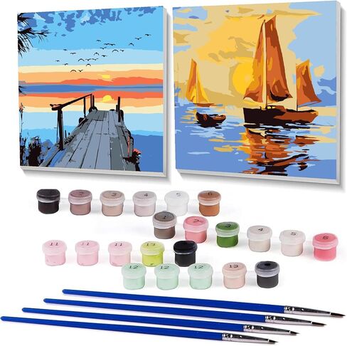 FQOVKYN 2 Pack Paint by Numbers Kit for Adults, Easy Landscape Paint by Number Kits for Beginner with Wooden Frame, Acrylic Seaside Scenery Paint by Number Kits on Canvas for Wall Decor （8x8 inches） in Saudi Arabia