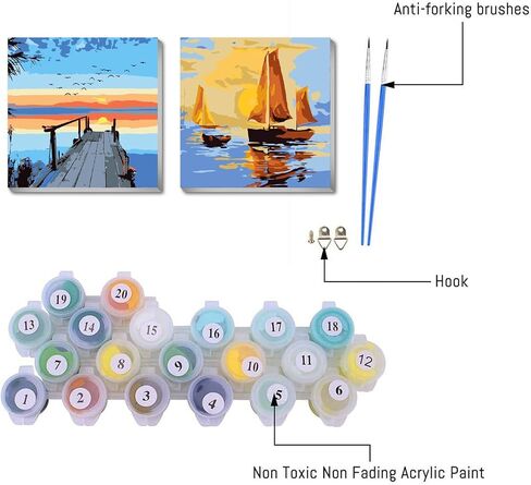 FQOVKYN 2 Pack Paint by Numbers Kit for Adults, Easy Landscape Paint by Number Kits for Beginner with Wooden Frame, Acrylic Seaside Scenery Paint by Number Kits on Canvas for Wall Decor （8x8 inches） in Saudi Arabia