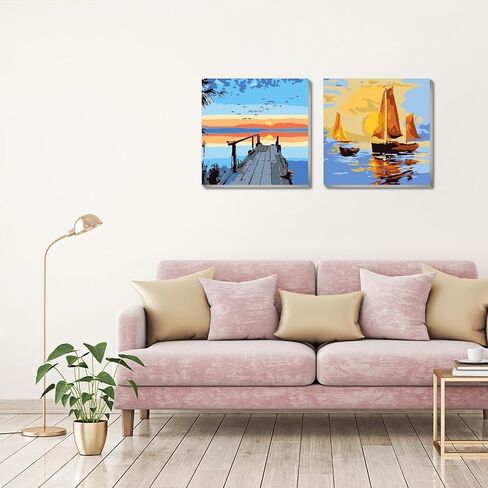 FQOVKYN 2 Pack Paint by Numbers Kit for Adults, Easy Landscape Paint by Number Kits for Beginner with Wooden Frame, Acrylic Seaside Scenery Paint by Number Kits on Canvas for Wall Decor （8x8 inches） in Saudi Arabia
