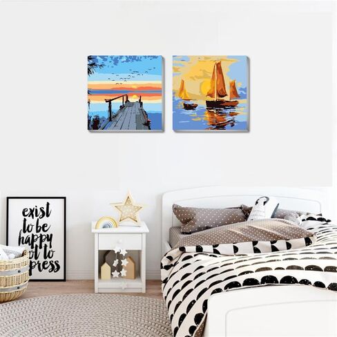 FQOVKYN 2 Pack Paint by Numbers Kit for Adults, Easy Landscape Paint by Number Kits for Beginner with Wooden Frame, Acrylic Seaside Scenery Paint by Number Kits on Canvas for Wall Decor （8x8 inches） in Saudi Arabia