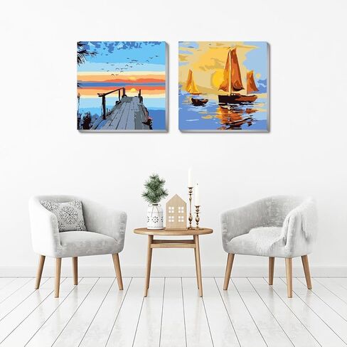 FQOVKYN 2 Pack Paint by Numbers Kit for Adults, Easy Landscape Paint by Number Kits for Beginner with Wooden Frame, Acrylic Seaside Scenery Paint by Number Kits on Canvas for Wall Decor （8x8 inches） in Saudi Arabia