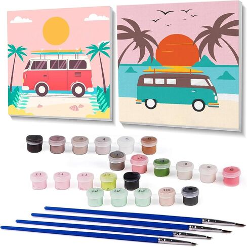 FQOVKYN 2 Pack Paint by Numbers Kit for Adults, Easy Landscape Paint by Number Kits for Beginner with Wooden Frame, Acrylic Seaside Scenery Paint by Number Kits on Canvas for Wall Decor （8x8 inches） in Saudi Arabia