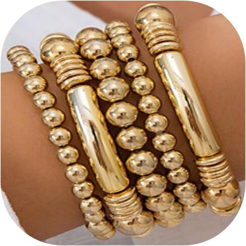 5Pcs Gold Bead Bracelets Set for Women,14K Gold Plated Stackable Bead Ball Bracelets Set,Adjustable Chunky Bangles Bracelets,Boho Stretch Bead Ball Bracelet for Women in Kuwait