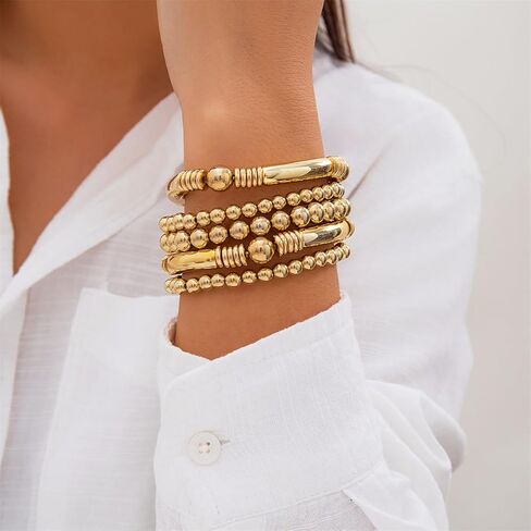 5Pcs Gold Bead Bracelets Set for Women,14K Gold Plated Stackable Bead Ball Bracelets Set,Adjustable Chunky Bangles Bracelets,Boho Stretch Bead Ball Bracelet for Women in Kuwait