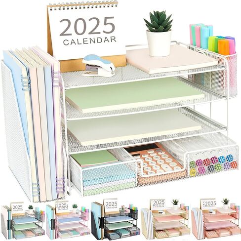 gianotter Paper Letter Tray Organizer with File Holder, 4-Tier Desk Accessories & Workspace Organizers with Drawer and 2 Pen Holder, Desk Organizers and Accessories for Office Supplies (Rose Gold) in Saudi Arabia