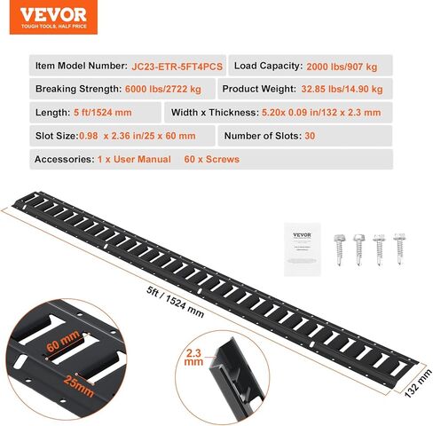 VEVOR E-Track Tie-Down Rail، 4 قطع من القضبان الفولاذية بطول 5 أقدام مع فتحات قياسية 1 × 2.5 بوصة، متوافقة مع حلقات O وD وربطات العنق وأشرطة السقاطة والسلاسل المعلقة، لتأمين البضائع والمعدات الثقيلة in Saudi Arabia