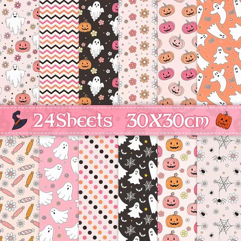24 Sheets Pink Halloween Scrapbook Paper, 12 Inch Cute Pumpkin Ghost Pattern Paper Double-Sided Holiday Craft Paper for Card Making Supplies Journal Photo Album Party Decor in Saudi Arabia