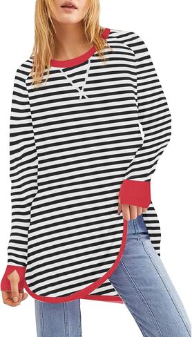 WULFUL المرأة مخطط كم طويل بلايز المتضخم البلوز 2024 الخريف Crewneck تي شيرت فضفاض غير رسمي مع ثقوب الإبهام in Saudi Arabia