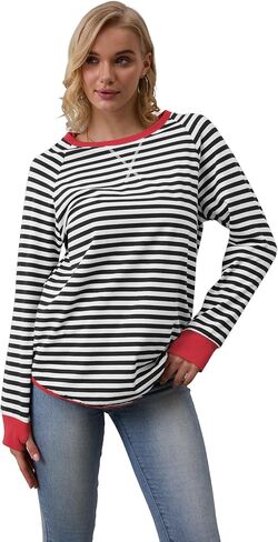 WULFUL المرأة مخطط كم طويل بلايز المتضخم البلوز 2024 الخريف Crewneck تي شيرت فضفاض غير رسمي مع ثقوب الإبهام in Saudi Arabia