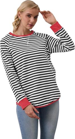WULFUL المرأة مخطط كم طويل بلايز المتضخم البلوز 2024 الخريف Crewneck تي شيرت فضفاض غير رسمي مع ثقوب الإبهام in Saudi Arabia