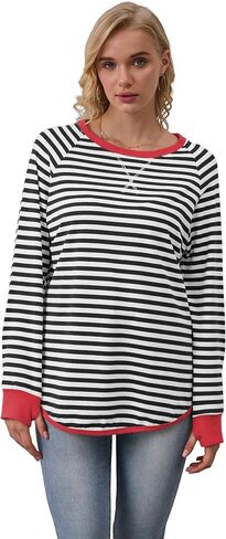 WULFUL المرأة مخطط كم طويل بلايز المتضخم البلوز 2024 الخريف Crewneck تي شيرت فضفاض غير رسمي مع ثقوب الإبهام in Saudi Arabia