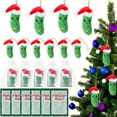 Christmas Pickle Gifts German Pickle in Santa Hat Ornament with The Legend of Pickle Card and Organza Bags Crochet Cucumber Knitted Positive Doll Stuff for Family Student Friend(12 Sets) in Saudi Arabia