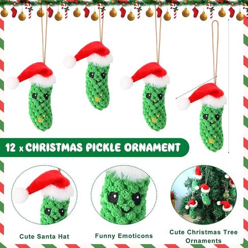 Christmas Pickle Gifts German Pickle in Santa Hat Ornament with The Legend of Pickle Card and Organza Bags Crochet Cucumber Knitted Positive Doll Stuff for Family Student Friend(12 Sets) in Saudi Arabia
