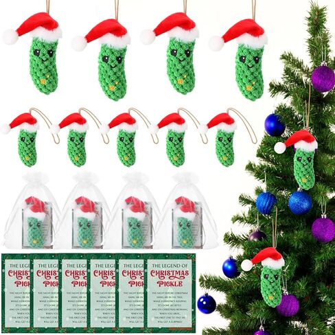 Christmas Pickle Gifts German Pickle in Santa Hat Ornament with The Legend of Pickle Card and Organza Bags Crochet Cucumber Knitted Positive Doll Stuff for Family Student Friend(12 Sets) in Saudi Arabia