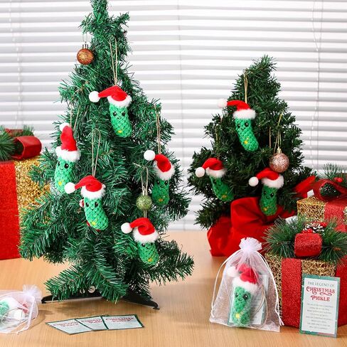 Christmas Pickle Gifts German Pickle in Santa Hat Ornament with The Legend of Pickle Card and Organza Bags Crochet Cucumber Knitted Positive Doll Stuff for Family Student Friend(12 Sets) in Saudi Arabia