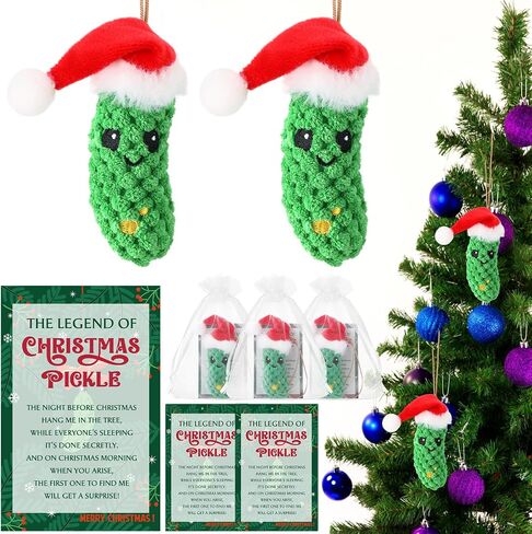 Christmas Pickle Gifts German Pickle in Santa Hat Ornament with The Legend of Pickle Card and Organza Bags Crochet Cucumber Knitted Positive Doll Stuff for Family Student Friend(12 Sets) in Saudi Arabia