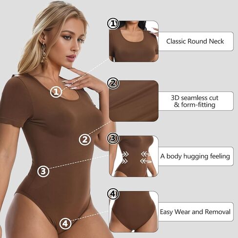 +MD Round Neck Bodysuits for Women Short Sleeve, Slimming Waist Tops, Basic T-shirt in Kuwait