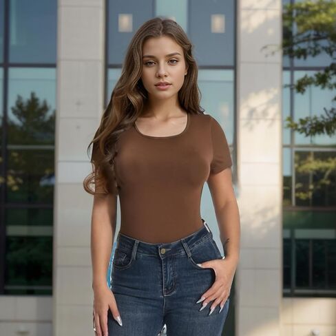+MD Round Neck Bodysuits for Women Short Sleeve, Slimming Waist Tops, Basic T-shirt in Kuwait