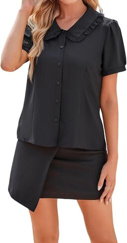 Womens Button Down Shirt Short Sleeve Peter Pan Collar Shirt Summer Work Office Blouses Top 2024 in Saudi Arabia