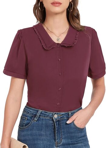 Womens Button Down Shirt Short Sleeve Peter Pan Collar Shirt Summer Work Office Blouses Top 2024 in Saudi Arabia