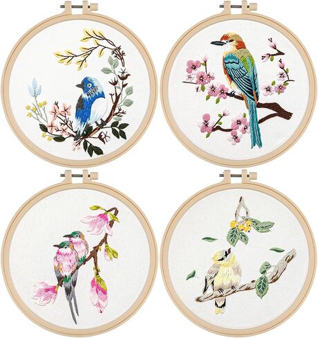 4 Sets Embroidery Kit for Beginners, Art Craft Handy Sewing Set Hummingbird and Flower Cross Stitch Starter Kits, DIY Embroidery Kits with Patterns and Instructions Hoops Needles Threads in Saudi Arabia