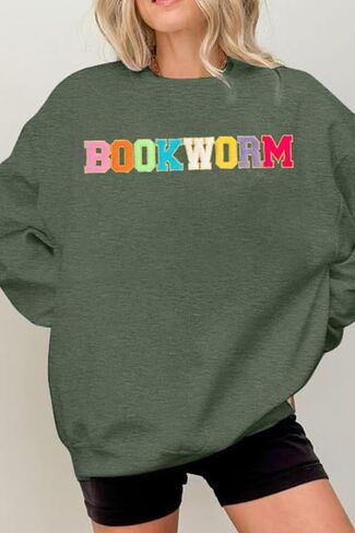 MNLYBABY Book Lover Sweatshirt Women Embroidered Bookworm Sweatshirts Bookish Sweater Book Lover Gift Teacher Long Sleeve Top in Saudi Arabia