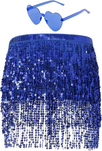Belly Dance Hip Scarf Sequin Tassel Skirt and Heart Sunglasses Wrap Sparkly Rave Costume Performance Outfit for Women in Saudi Arabia