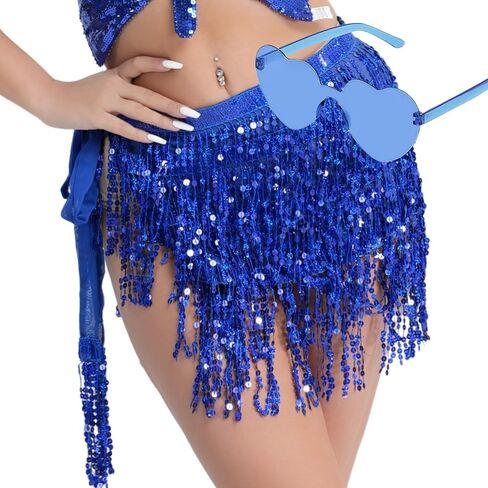 Belly Dance Hip Scarf Sequin Tassel Skirt and Heart Sunglasses Wrap Sparkly Rave Costume Performance Outfit for Women in Saudi Arabia