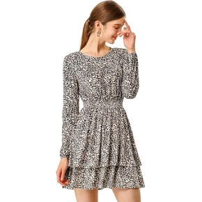 Allegra K Women's Leopard Print Round Neck Smock Waist Long Sleeve Ruffle Mini Dress