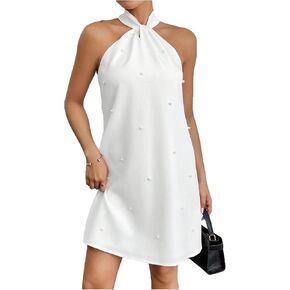 Floerns Women's Pearl Beaded Halter Twist Sleeveless Tie Back Dress A Line Dress