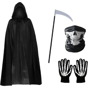 WKLOUYHE زي الهالوين غريم ريبر عباءة سوداء بغطاء للرأس مع قناع جمجمة منجل وقفازات هيكل عظمي للرجال والنساء in Kuwait
