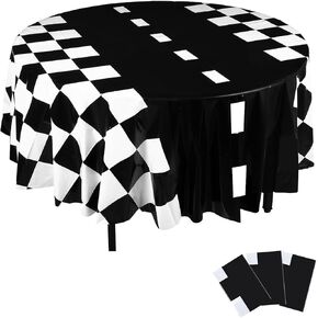 3 Pcs Racing Party Round Tablecloths Plastic Black White Checkered Flag Table Covers 84 Inch Disposable Racetrack Road Table Decoration for Two Fast Car Theme Birthday Party Supplies Events