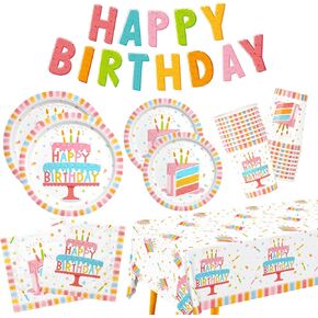 Happy Birthday Party Supplies Set for 25 -Kit with Cake Design Includes Plates, Napkins, Cups, Tablecloth & Banner - for Boys & Girls Birthday Party Decorations
