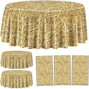 3Pcs Straw Tablecloth - 84 inch Round Straw Table Cover Waterproof Farm Table Cloth Hay Stacks for Farm Party Decorations Cowboy Western Theme Party Supplies