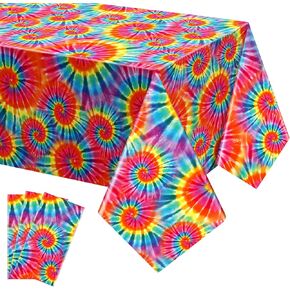 Newwiee 3 Pcs Tie Dye Tablecloth Rainbow Table Cloth 54 x 108 Inches Plastic Rectangle Tie Dye Party Supplies Colorful Disposable Table Cover for Tie Dye Themed Party Birthday Dining Room Kitchen