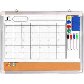 Whiteboard Monthly Wall Calendar Set - 24 x 18 inch Magnetic Dry Erase/Cork Board Planner with 1 Eraser, 4 Dry Wipe Markers, 4 Magnets and 10 Thumb Tacks - Small Hanging Framed White Bulletin Board