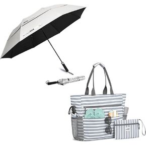 G4Free Beach Bag, Waterproof Sandproof Beach Tote Bag 62 Inch Portable UV Protection Large Golf Umbrella Automatic Open Double Canopy Big Sun Umbrella Windproof Oversize Sports Umbrellas