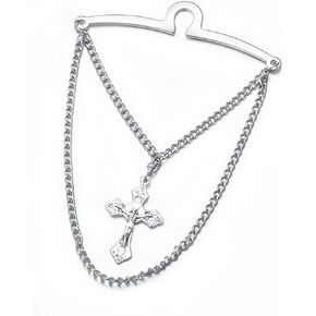 Men's Silver Tie Chain 2.4" Cross Religious Tie Clip with Double Chain Business Jewelry Gift