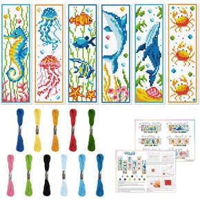 ORIGACH 6 Set Marine Animals Cross Stitch Bookmark Kit for Beginner with Backing Felt Floss Instructions DIY Stamped Embroidery Bookmark Kit for Adults, Book Lovers