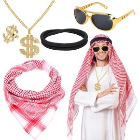 Arab Costume Set for Men - 5PCS Arabian Costume Accessories Set with Keffiyeh Head Wrap Scarf Arab Black Headband Arab Muslim Costume for Men Halloween Costume Cosplay Carnival Fancy Dress Up