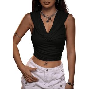 GORGLITTER Women's Backless Hooded Tank Sleeveless Bow Tie Drapped Neck Ruched Crop Tops