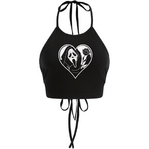 SHENHE Women's Open Back Halter Neck Top Tie Backless Sream Ghostface Funny Sexy Crop Top