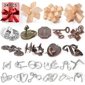 24Pcs Brain Teaser Puzzles Wooden and Metal Cast 3D Unlock Interlocking Puzzles Gift IQ Educational Smart Puzzle Toys for Kids Teens Adult Puzzles(Classic Style)
