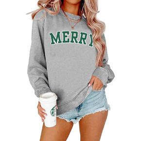 سويت شيرت Merry Christmas للنساء قمصان مطبوعة بحروف مرحة وعطلات عيد الميلاد المجيد بأكمام طويلة