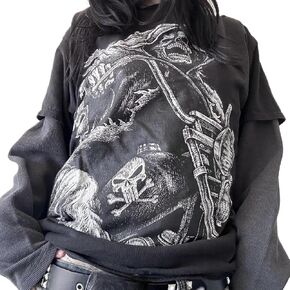Women Y2K Fairy Grunge Sweatshirt Gothic Print Long Sleeve Tees Vintage Punk Top Harajuku E-girl Baggy T-shirt