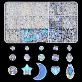 INSPIRELLE 1000 Pieces Crystal Glass Beads AB Finish Assorted Sizes and Shapes Bulk Faceted Beads for Jewelry Bracelet Making